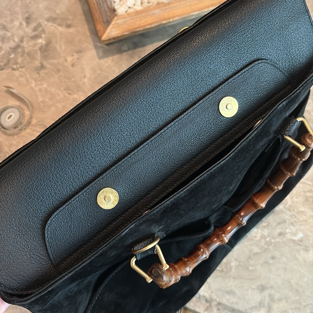Black Suede Handbag with Bamboo Handles - Picture 12 of 16